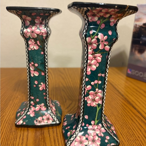 Royal Dalton Prunus Square Candlestick D3833 Dark Green with Pink Flowers - Picture 5 of 8